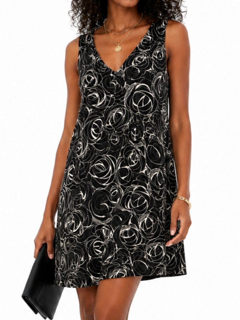 Muse 100% Silk Black Abstract Floral Swirl Sleeveless Shift Dress Size 10
